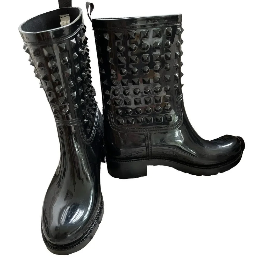 Capelli  black Ladies Shiny Solid Studded Mid-Calf Jelly Rain Boot size 8